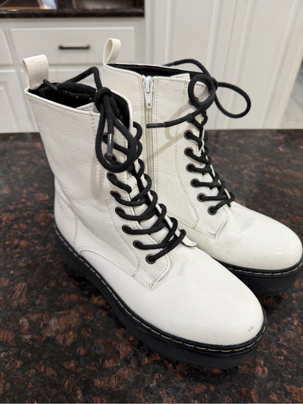 Sincerly Jules White Lace-Up Combat Boots with Black Laces